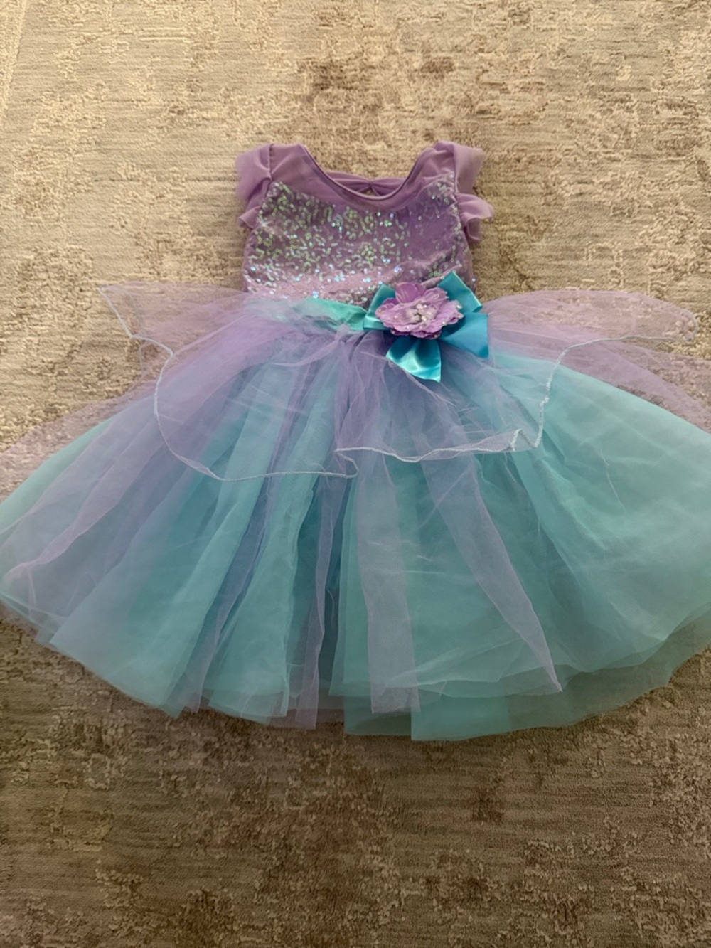 Purple & Aqua Sparkle Tulle Dress with Floral Accent